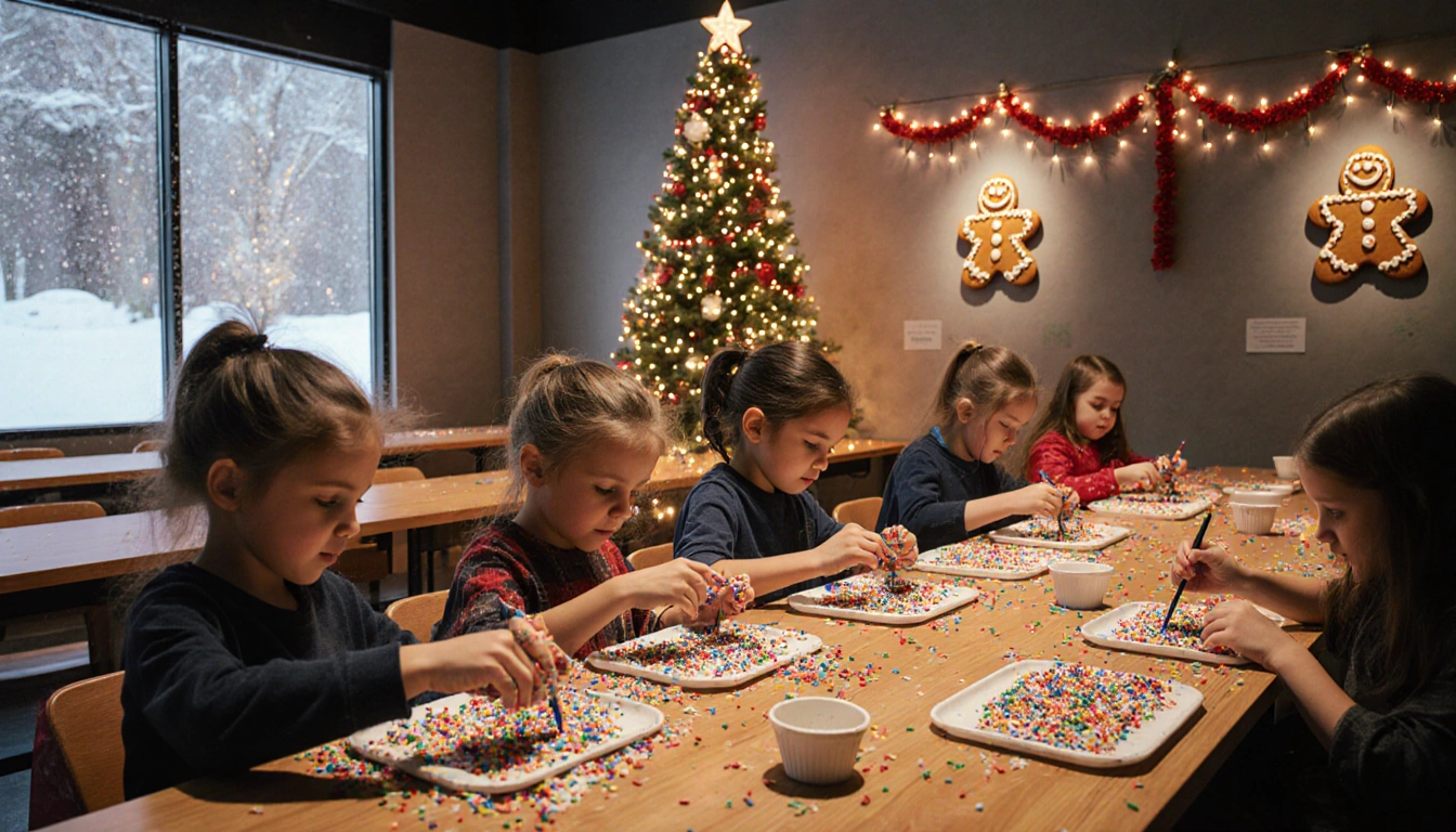Children decorating gingerbread with colorful sprinkles while holiday lights glow and snow falls outside museum windows