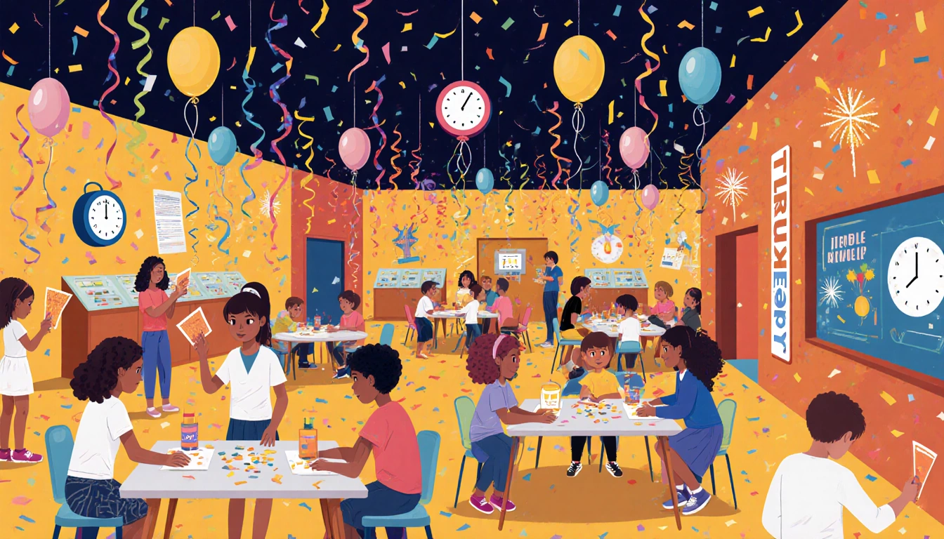 Kids building a cardboard countdown clock with balloons and confetti in a New Year's Eve museum.