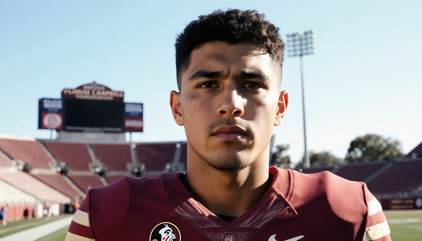 Thomas Castellanos stands on Florida State campus with sun‑kissed background of Doak Campbell Stadium and determined gaze