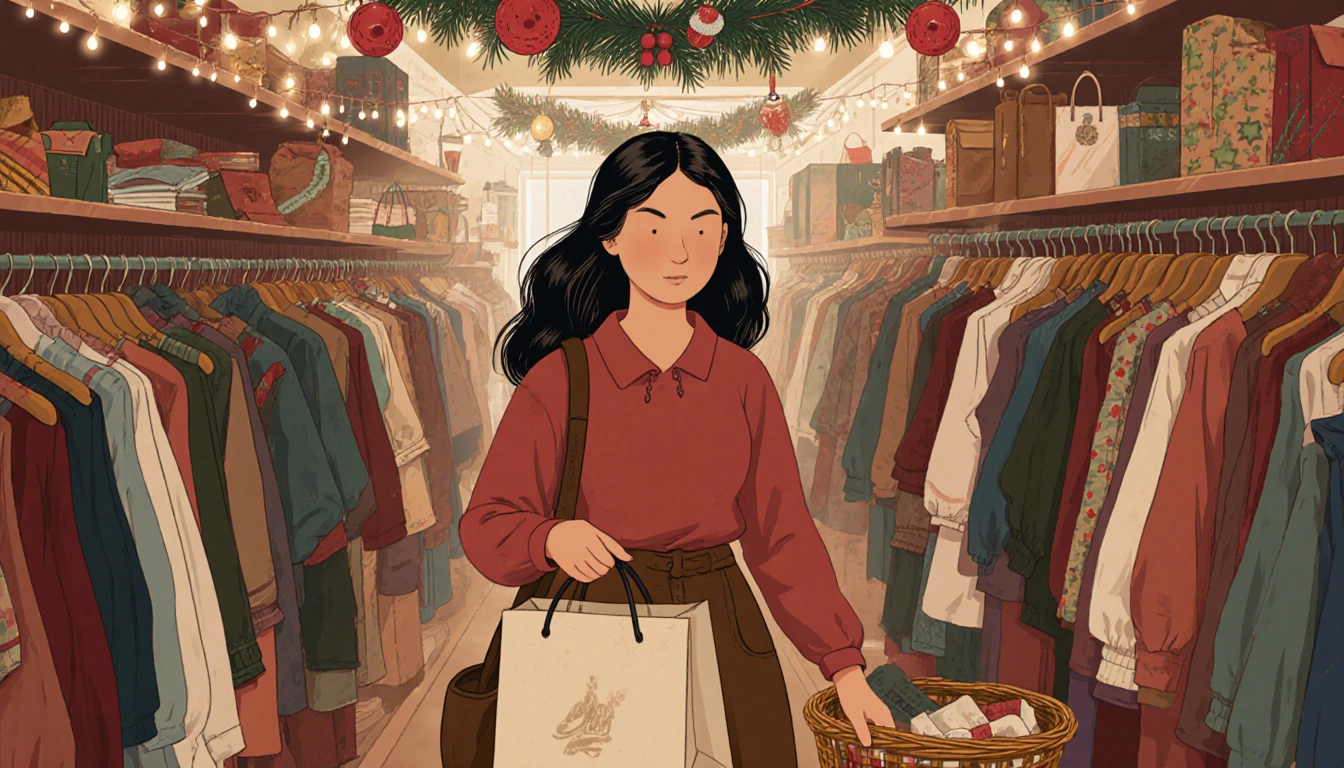 Young woman browsing thrift store shelves with festive lights and reusable tote baskets in a warm earthy holiday setting.
