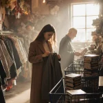 Young woman examining a second‑hand coat with vintage racks and bright natural light in a cozy thrift store