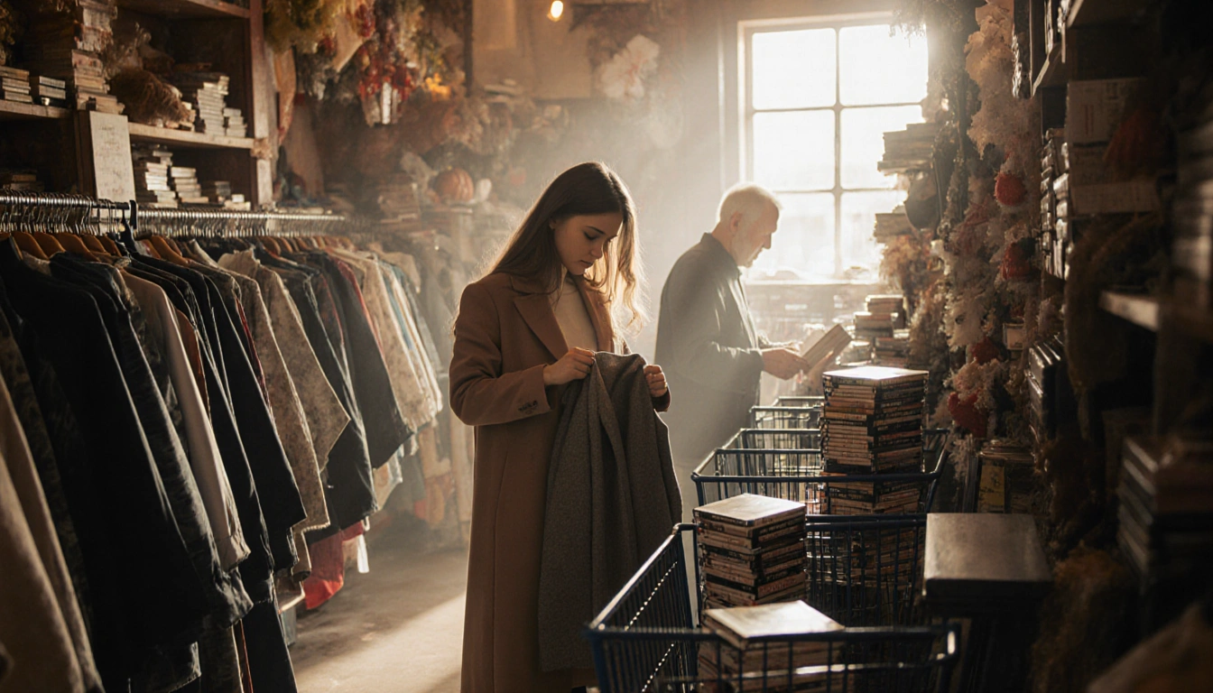 Young woman examining a second‑hand coat with vintage racks and bright natural light in a cozy thrift store