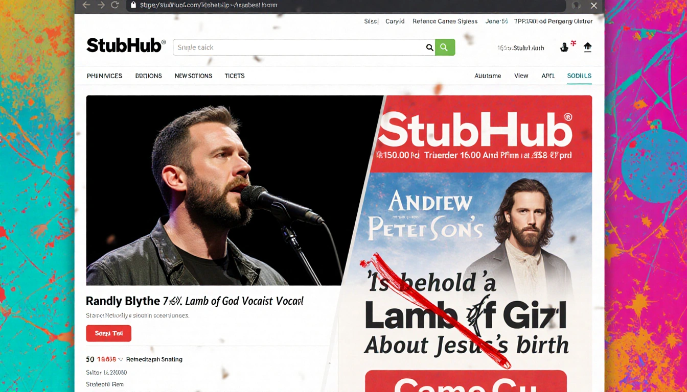 StubHub page displays ticketing error with Randy Blythe photo and Andrew Peterson program overlay.