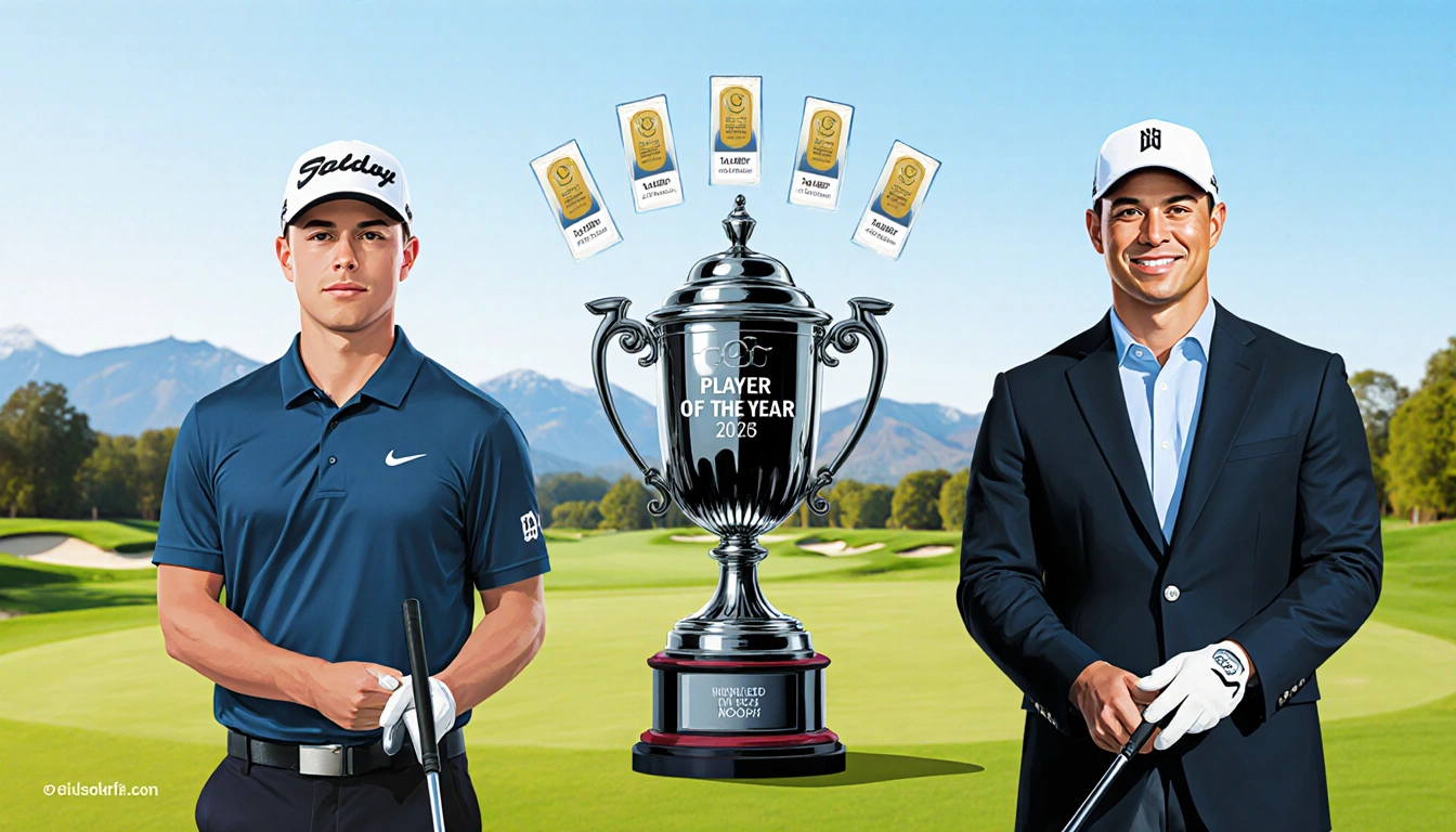 Scottie Scheffler and Tiger Woods stand on a fairway with a trophy between them and clubs in hand