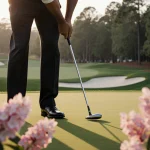Tiger Woods lining up a putt with azalea flowers and warm sunlight on the 2005 Masters green.