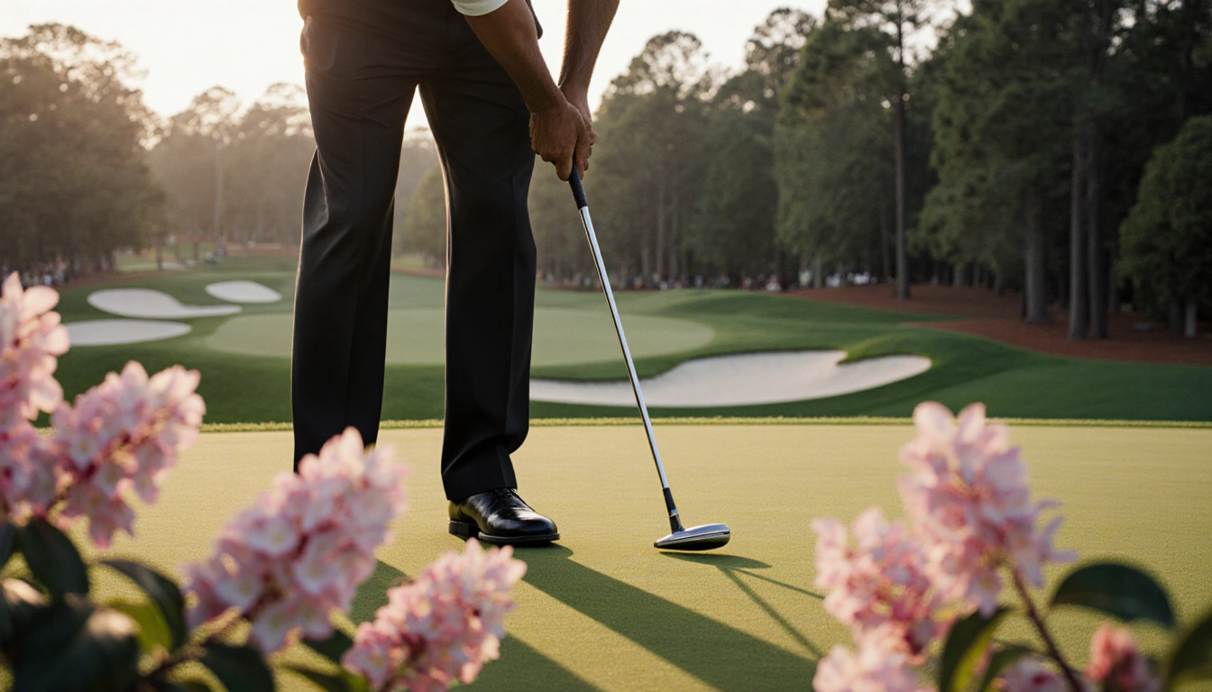 Tiger Woods lining up a putt with azalea flowers and warm sunlight on the 2005 Masters green.