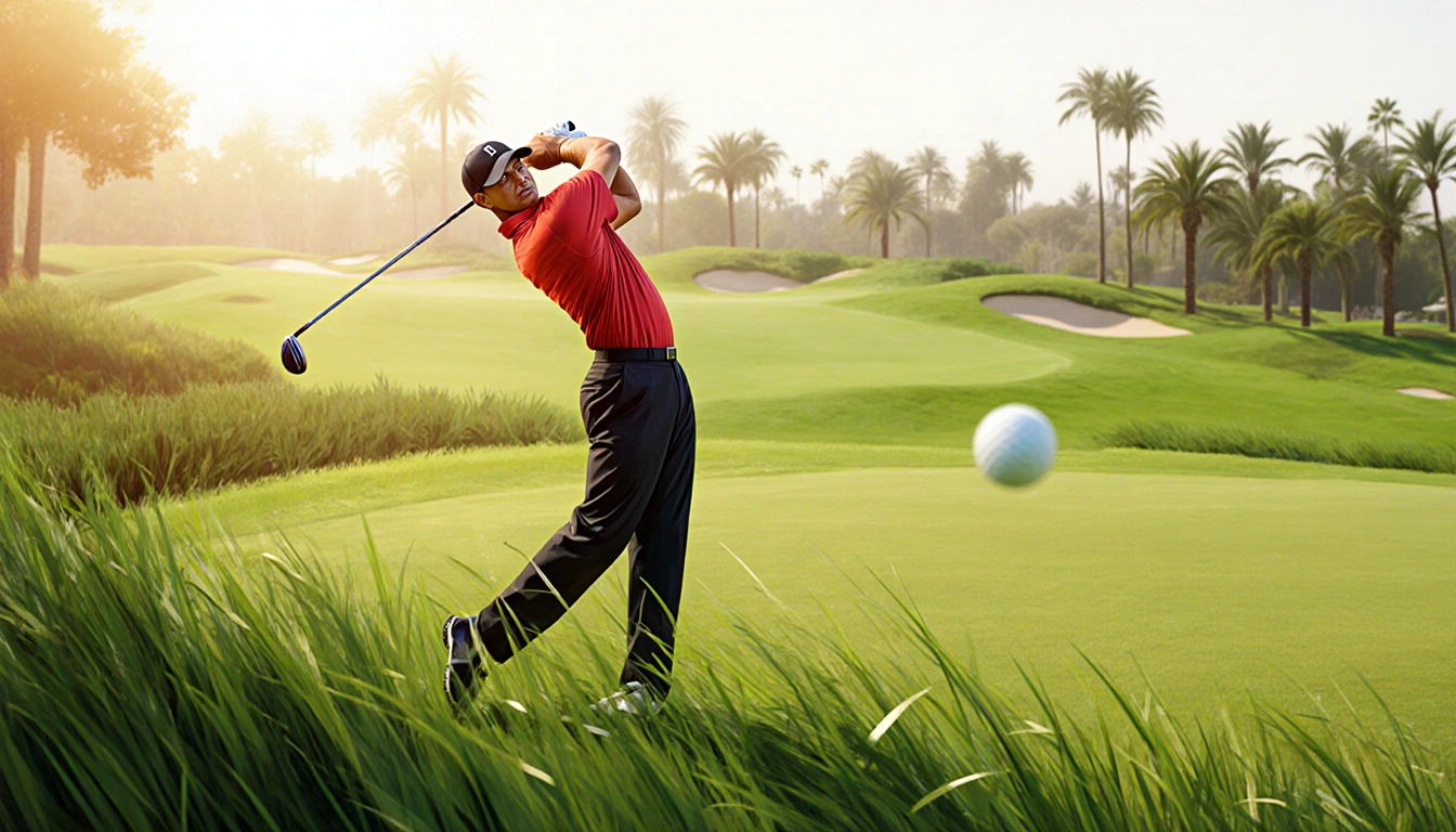 Tiger Woods swinging a golf driver with a soaring ball over deep grass under a warm sun at La Costa