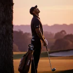 Tiger Woods standing on a golf course at sunset looking up with a leather golf bag at feet and a club leaning against a tree.