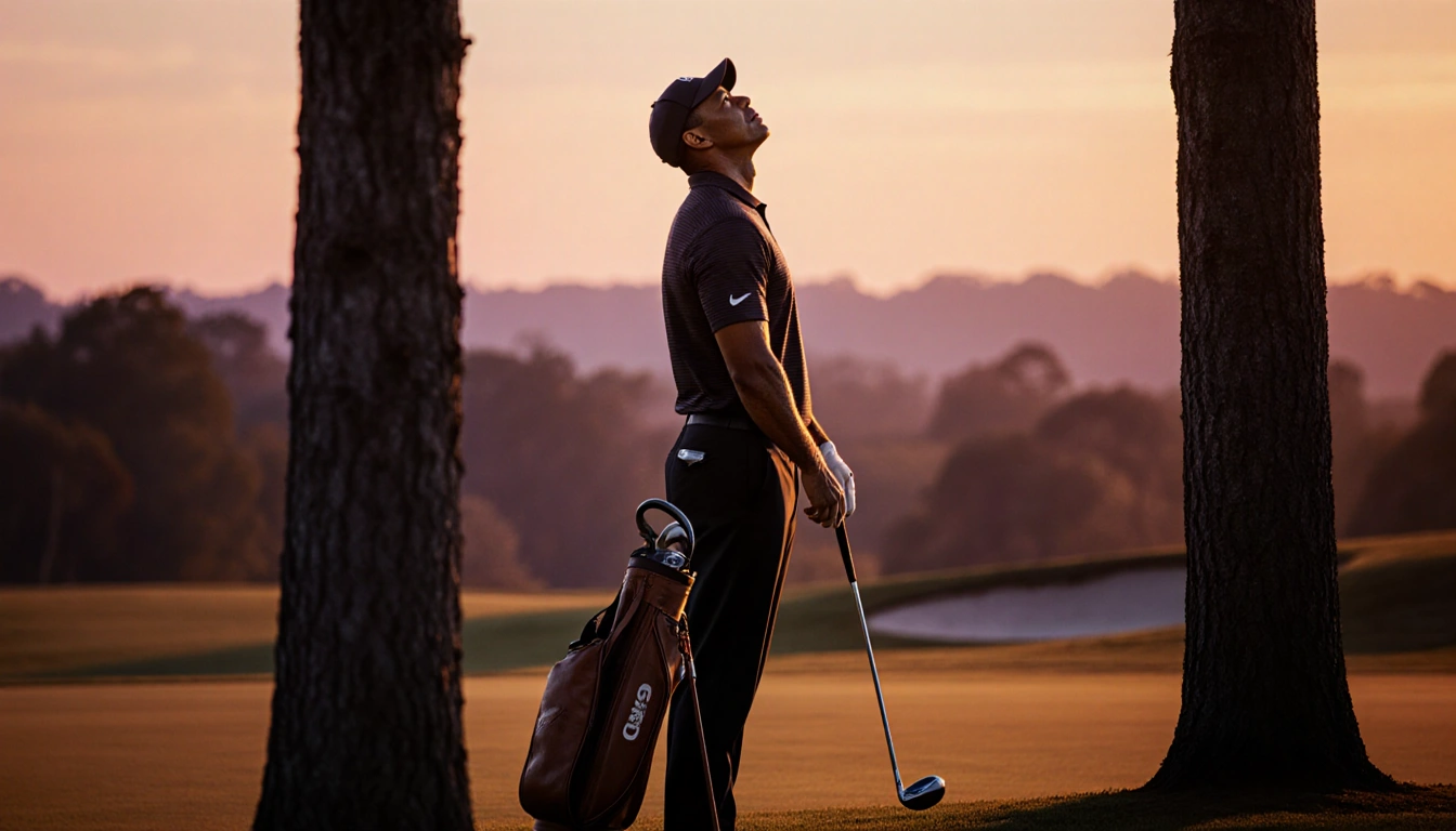 Tiger Woods standing on a golf course at sunset looking up with a leather golf bag at feet and a club leaning against a tree.