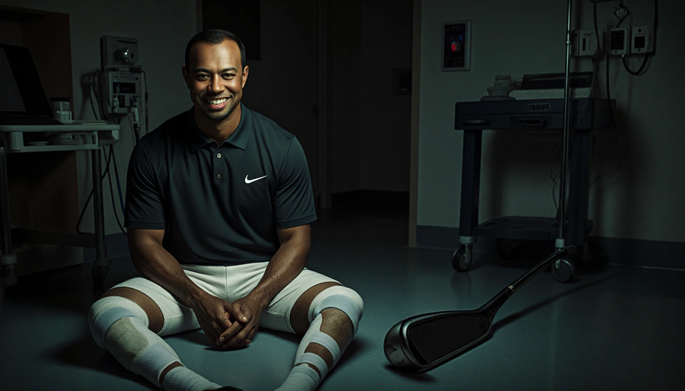 Tiger Woods sits in a dimly lit recovery room with medical equipment and casts on his legs and a worn-out golf club nearby.