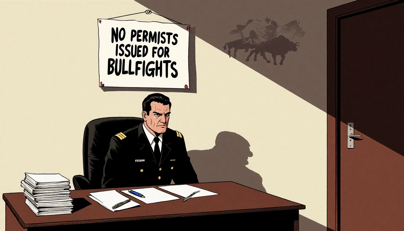 City manager Guerrero León sits at desk with notice saying No permits issued for bullfights and arena shadow behind.