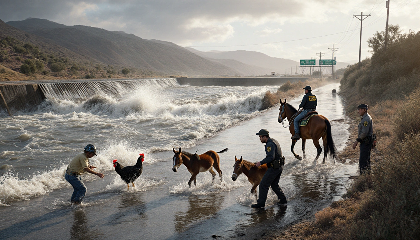 People evacuating horses and donkeys with flood water rising to their knees while Border Patrol agents watch.