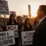 Women protesters holding anti‑bullfighting signs with city officials in a tense standoff at sunset.