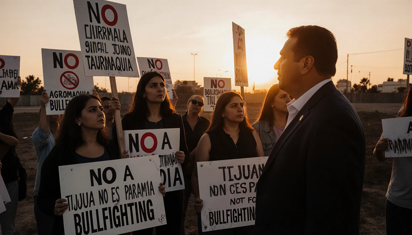 Women protesters holding anti‑bullfighting signs with city officials in a tense standoff at sunset.