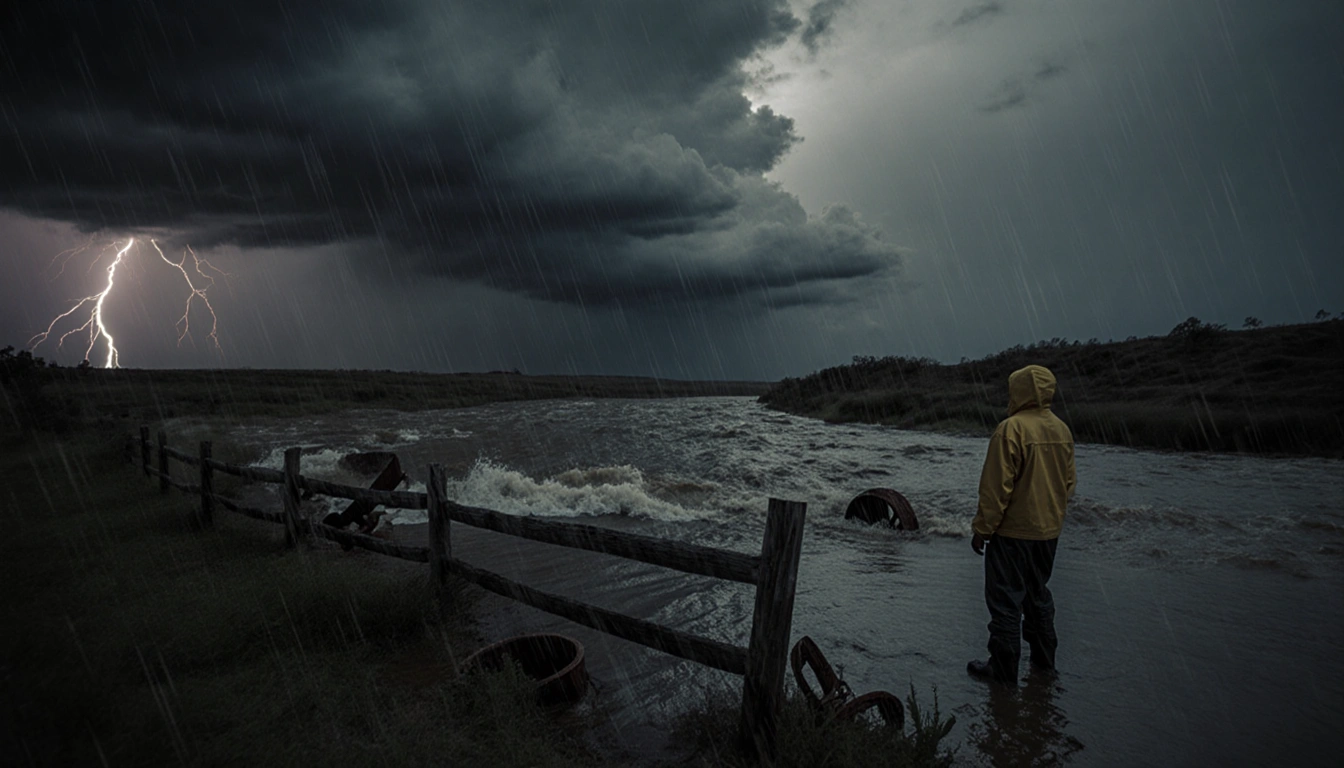 Lone figure standing at riverbank watching turbulent water with stormy clouds and a wooden fence in background.