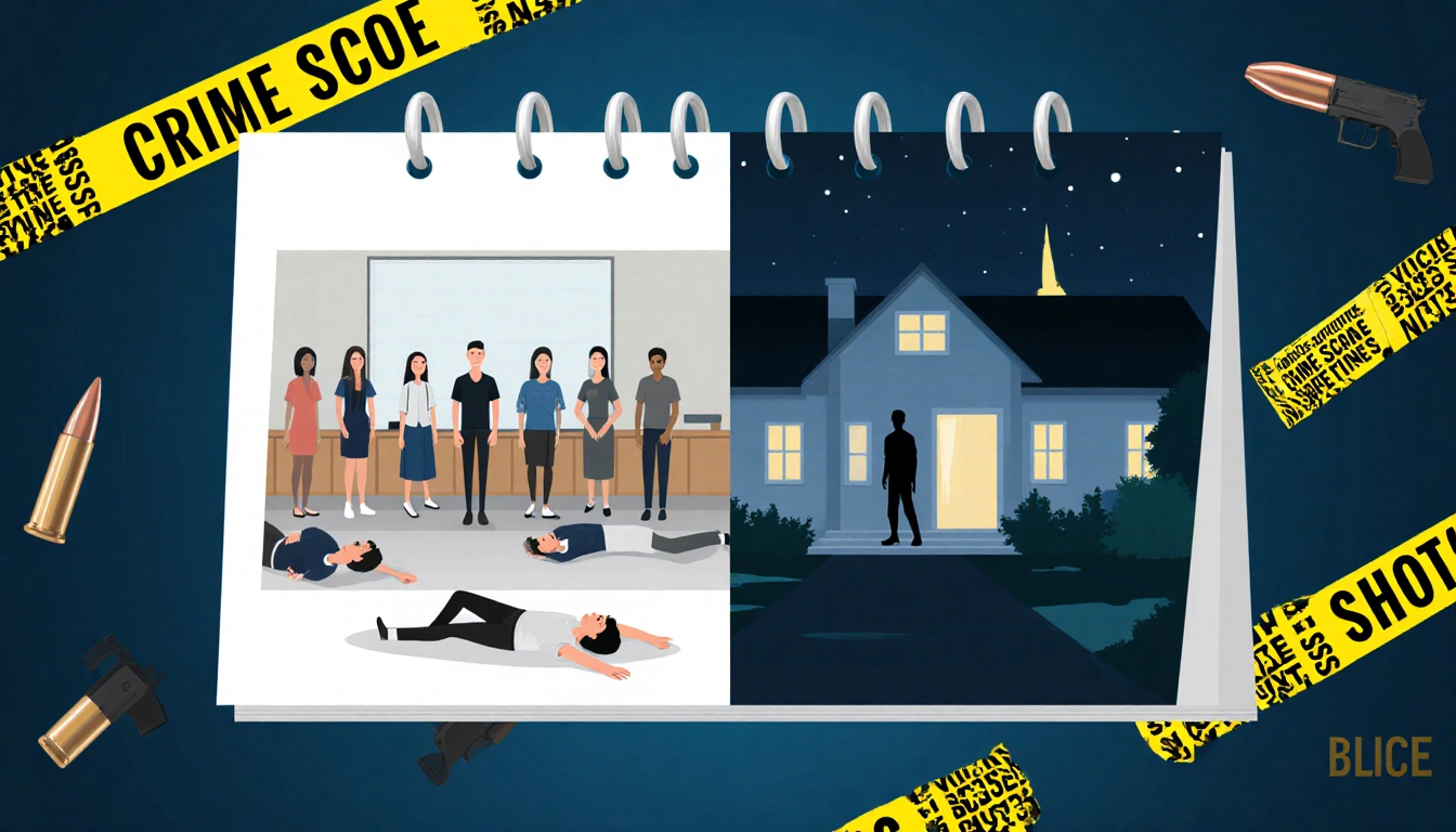 Illustration splits timeline showing lecture hall shooting with students and home shooting with gun silhouette and tape