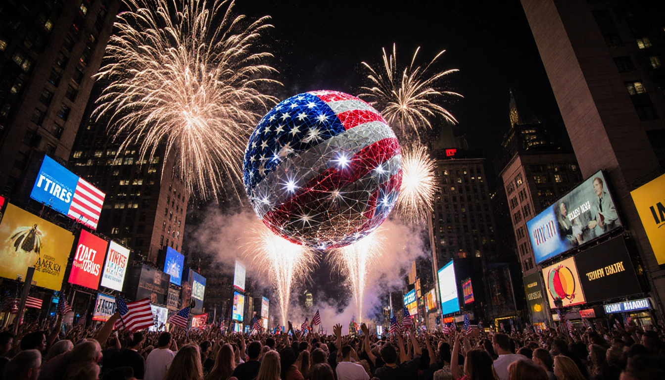 Times Square Ball descending from a skyscraper with fireworks and a jubilant crowd celebrating Independence Day