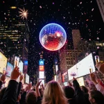 Red and blue Times Square ball dropping during New Year