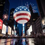Patriotic crystal orb hovering above Times Square with fireworks and neon lights reflecting on wet pavement
