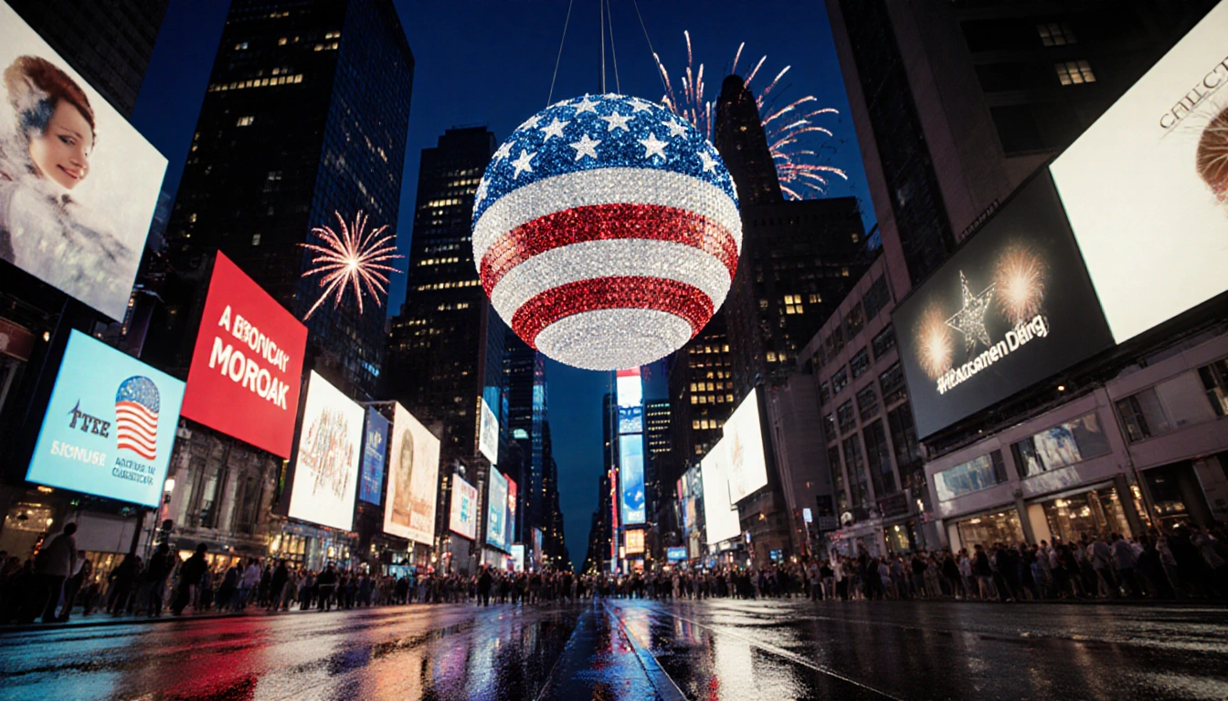 Patriotic crystal orb hovering above Times Square with fireworks and neon lights reflecting on wet pavement
