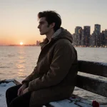 Timothée Chalamet sits on a pier with snow‑covered Manhattan rooftops and twinkling city lights