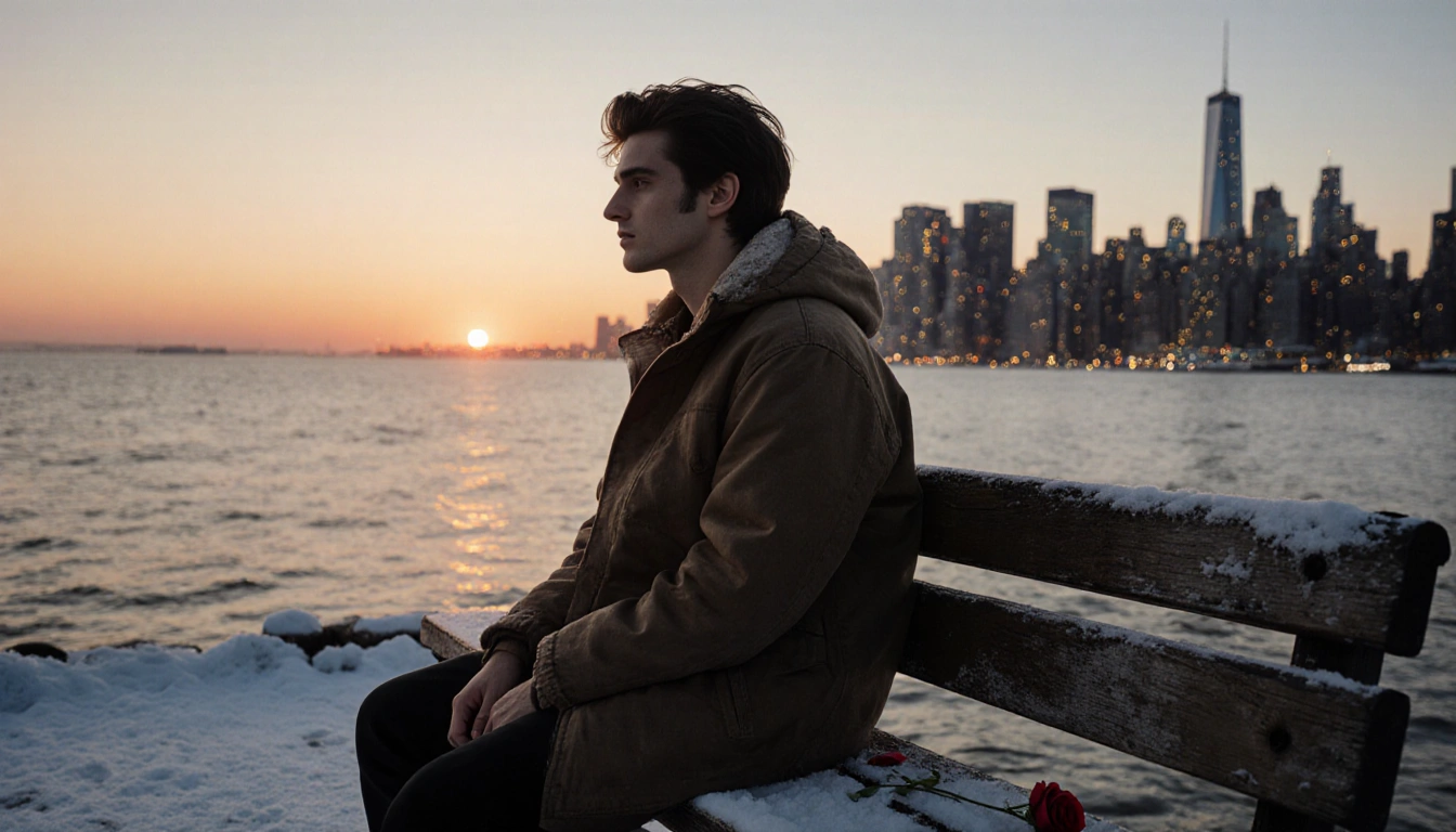 Timothée Chalamet sits on a pier with snow‑covered Manhattan rooftops and twinkling city lights