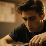 Timothée Chalamet cradling a worn table tennis paddle with eyes looking down and a faint score behind in warm golden light