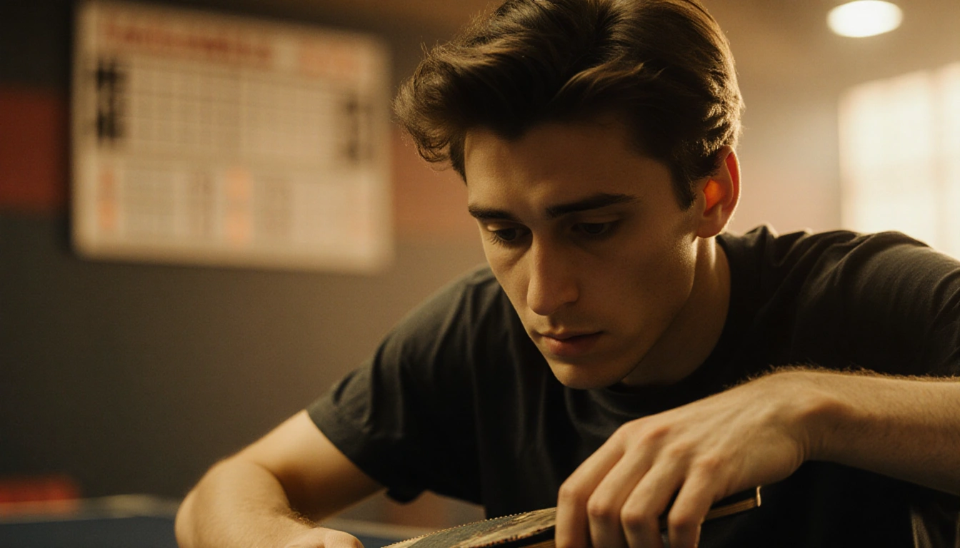 Timothée Chalamet cradling a worn table tennis paddle with eyes looking down and a faint score behind in warm golden light