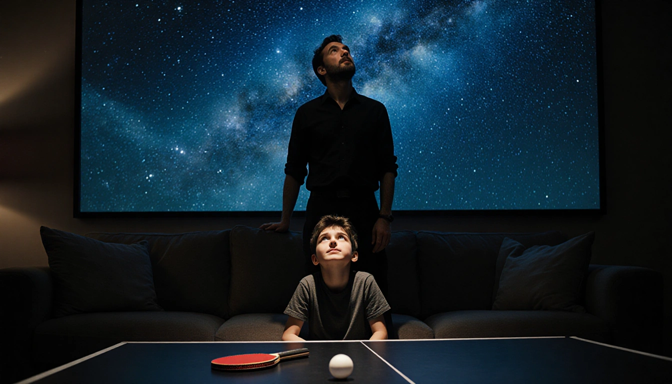 Young boy looking up at his father with a starry night sky behind them on a couch