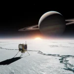 Cassini spacecraft orbiting Saturn with its shadow on Titan