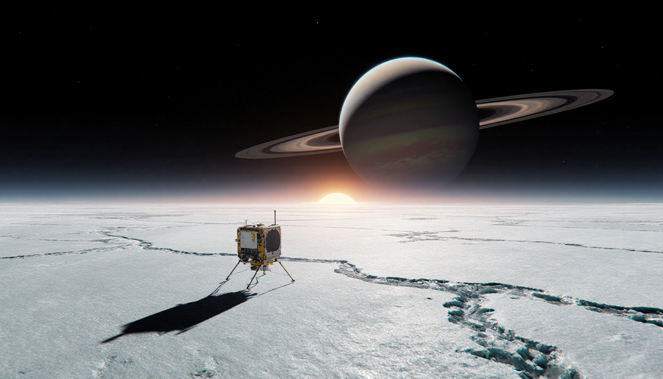 Cassini spacecraft orbiting Saturn with its shadow on Titan