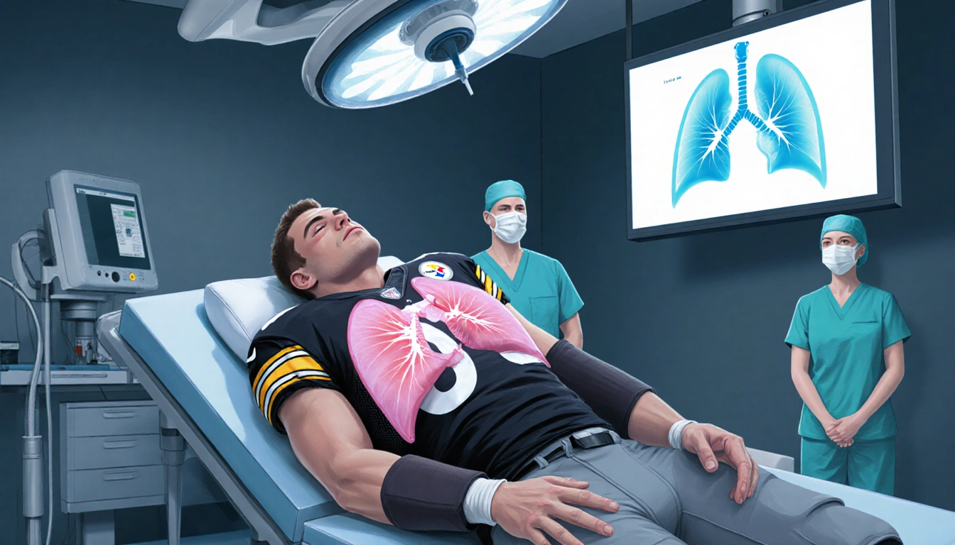 TJ Watt lying on back with dry needle treatment marks on chest while collapsed lung is shown on operating room screen