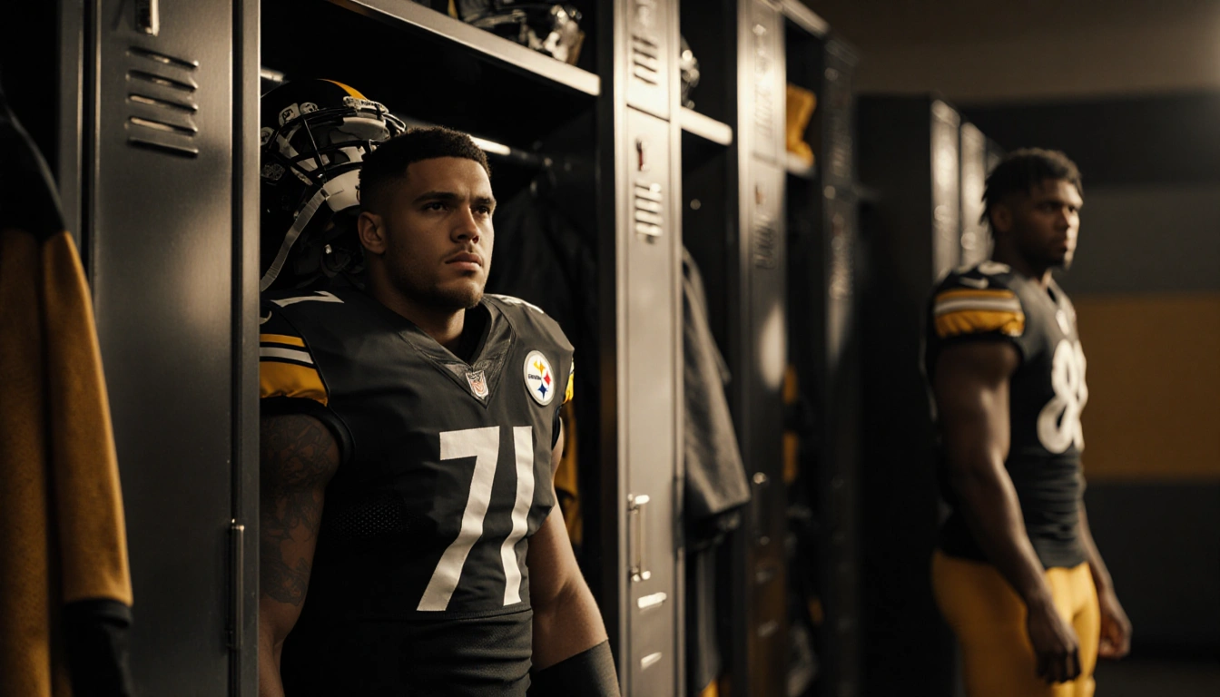 Empty locker stall revealing Steelers jersey with helmet and pads as Herbig and Sawyer stand nearby with gear scattered
