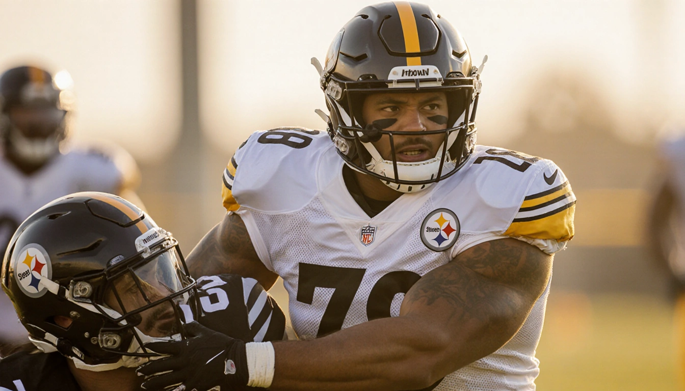 T.J. Watt tackling a teammate with helmet and pads during Steelers practice under golden light