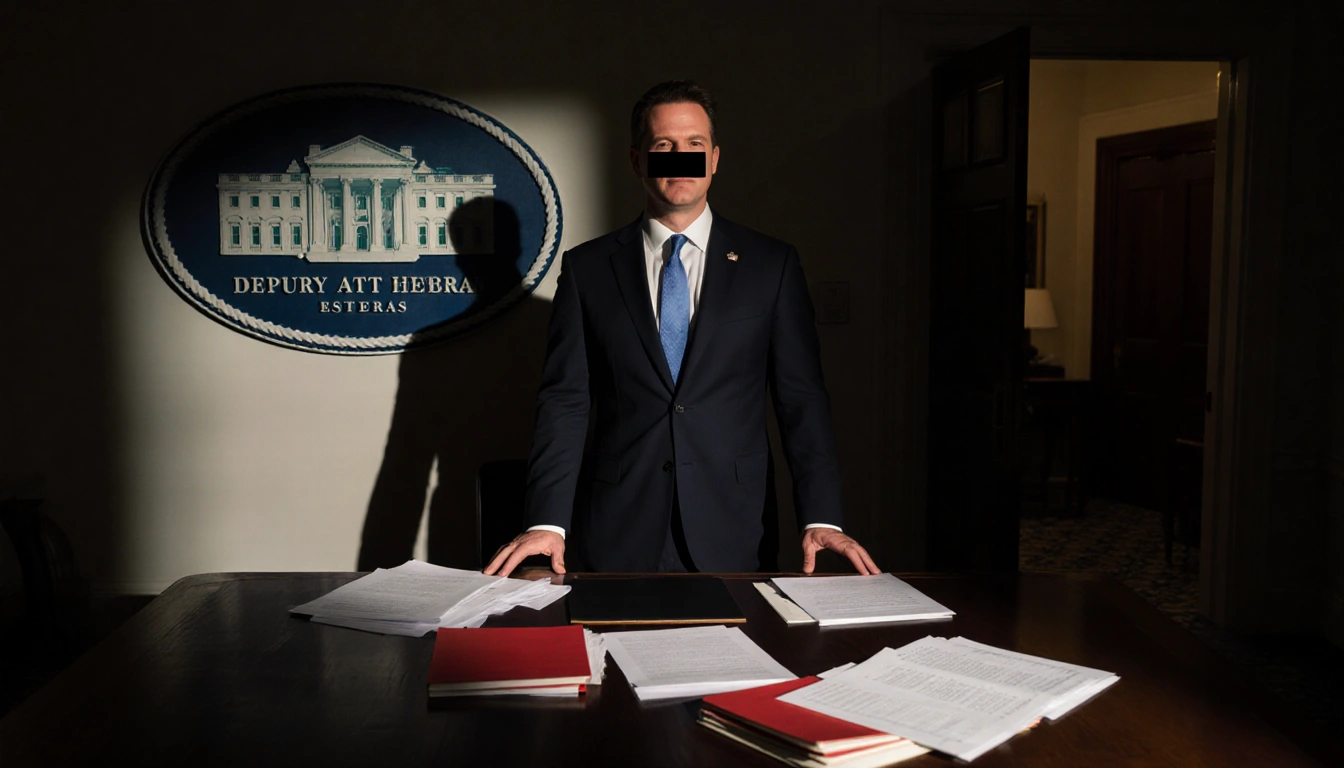 Todd Blanche standing before a wooden desk with redacted files and a faint Trump logo behind him near a courtroom doorway