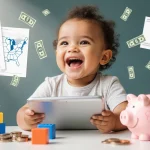 Happy toddler sits at tablet with piggy bank and blocks while a U.S. map highlights Utah and dollar bills nearby.
