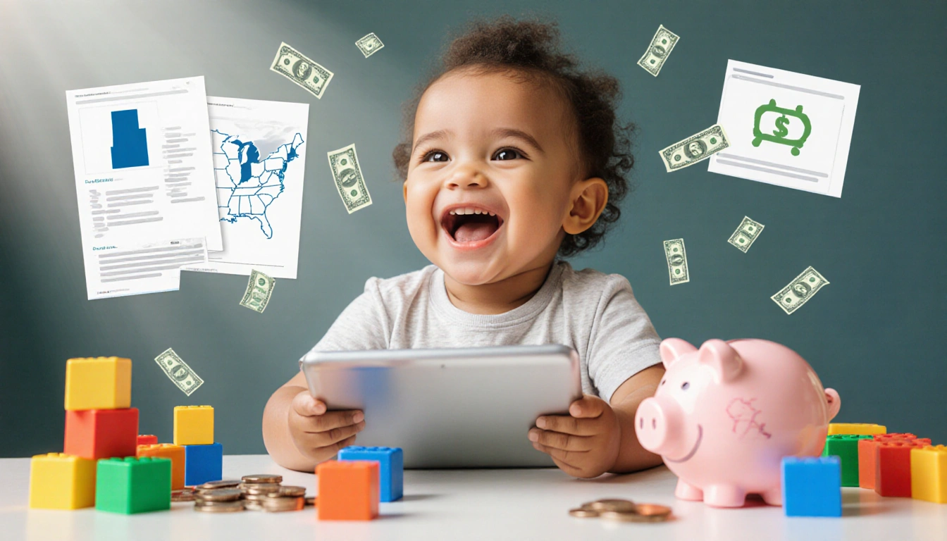 Happy toddler sits at tablet with piggy bank and blocks while a U.S. map highlights Utah and dollar bills nearby.
