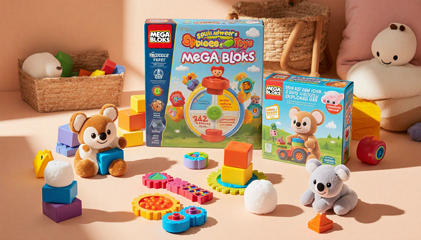 Toddler building a tower with MEGA BLOKS blocks and spinning wheel in a play area near Squishmallows plush toys.