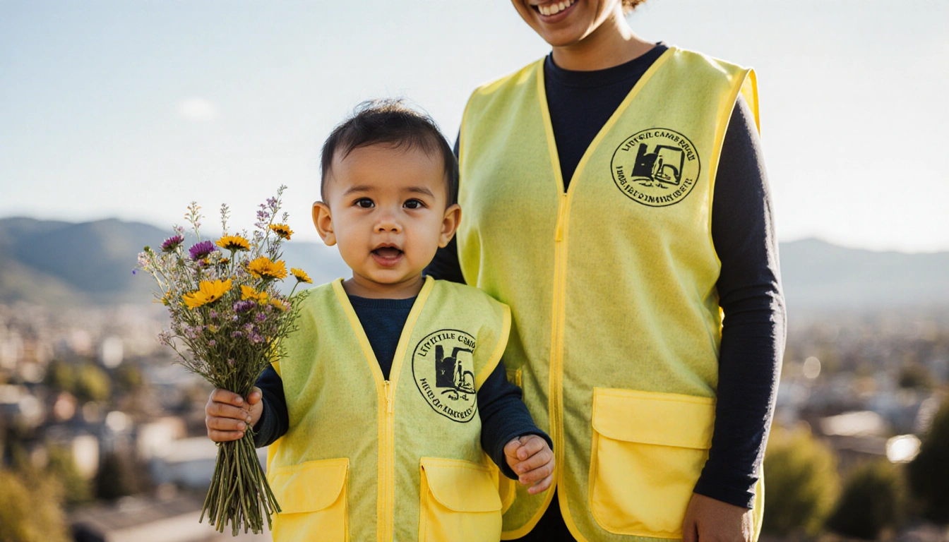 Toddler holding wildflowers with parent in matching yellow vests against a blurred Denver cityscape for a community garden.