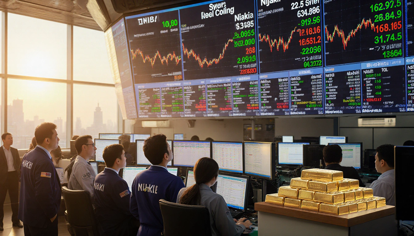 Traders looking at computer screens with Nikkei ticker and precious metal prices glow.