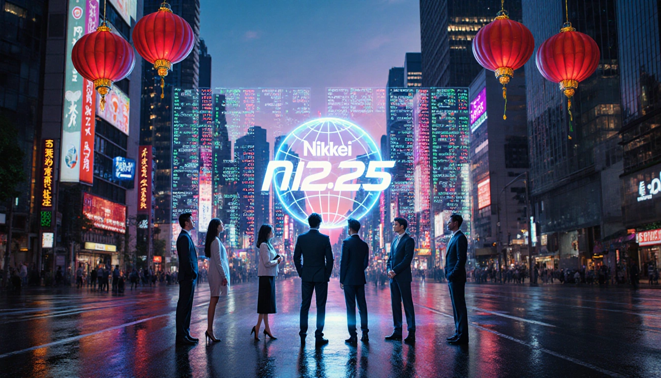 Investors gather around a holographic display with neon Tokyo skyline and Nikkei 225 logo glowing