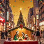Shoppers in Shinjuku admire a nativity scene with KFC storefronts and festive lights.