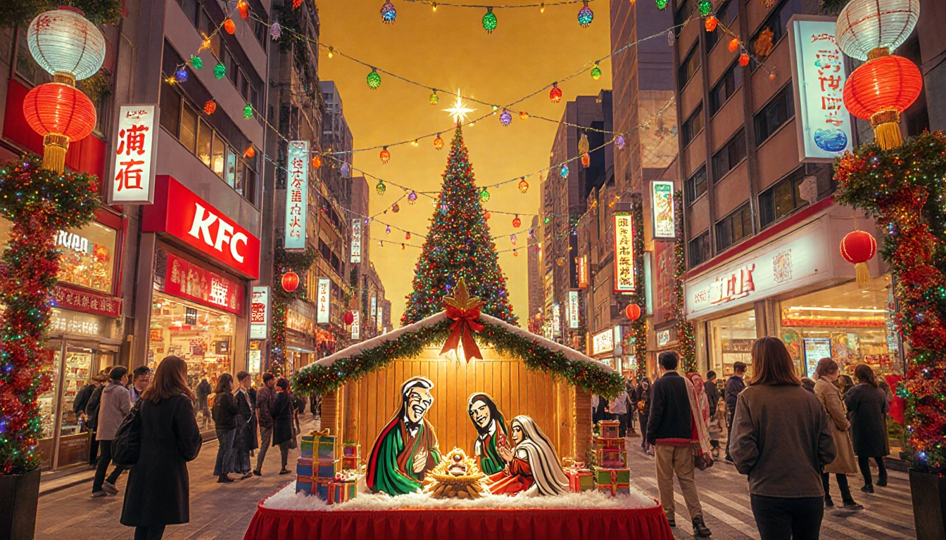 Shoppers in Shinjuku admire a nativity scene with KFC storefronts and festive lights.