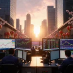 Bustling traders monitor glowing screens with rising Tokyo Stock Exchange prices and cherry blossom accents