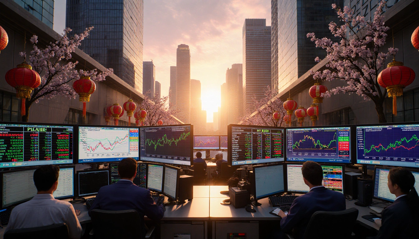Bustling traders monitor glowing screens with rising Tokyo Stock Exchange prices and cherry blossom accents