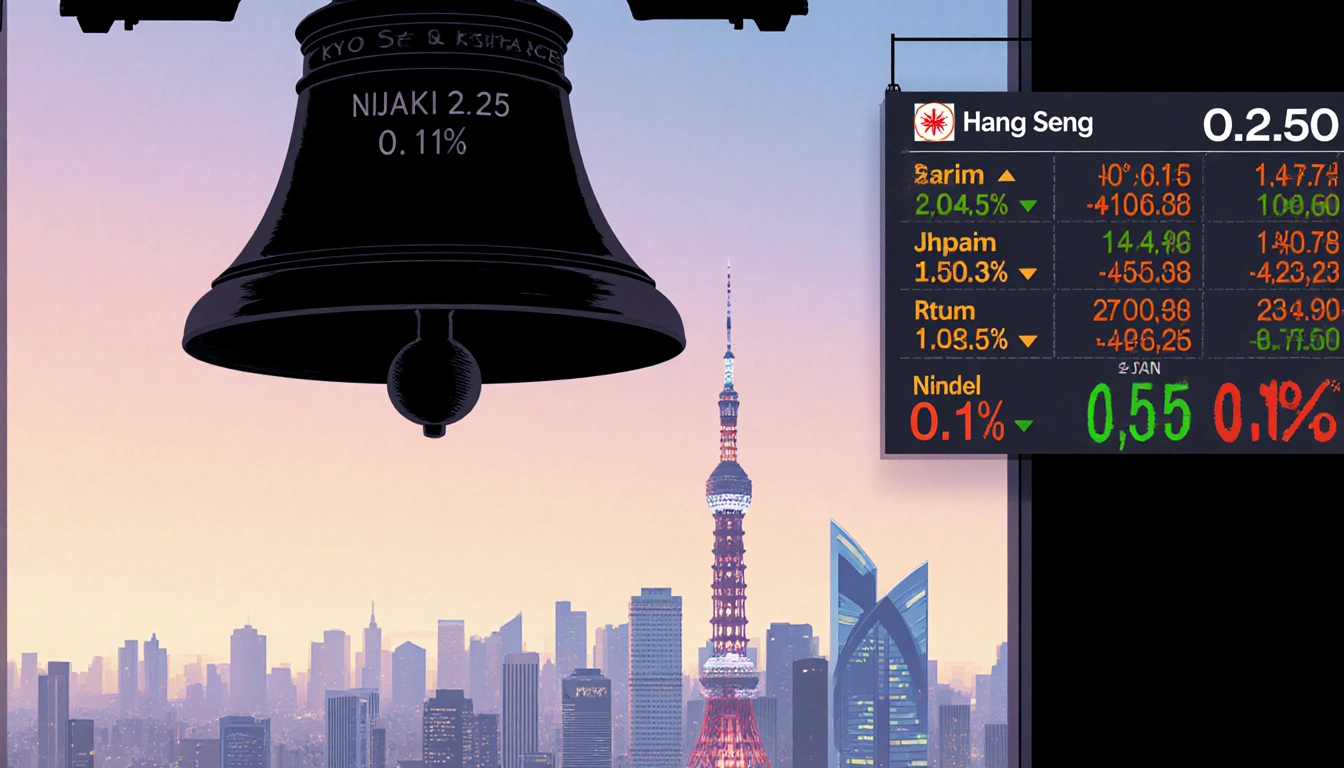 Tokyo Stock Exchange bell ringing with Nikkei 225 ticker showing a drop and Hang Seng index up in a dawn cityscape backdrop