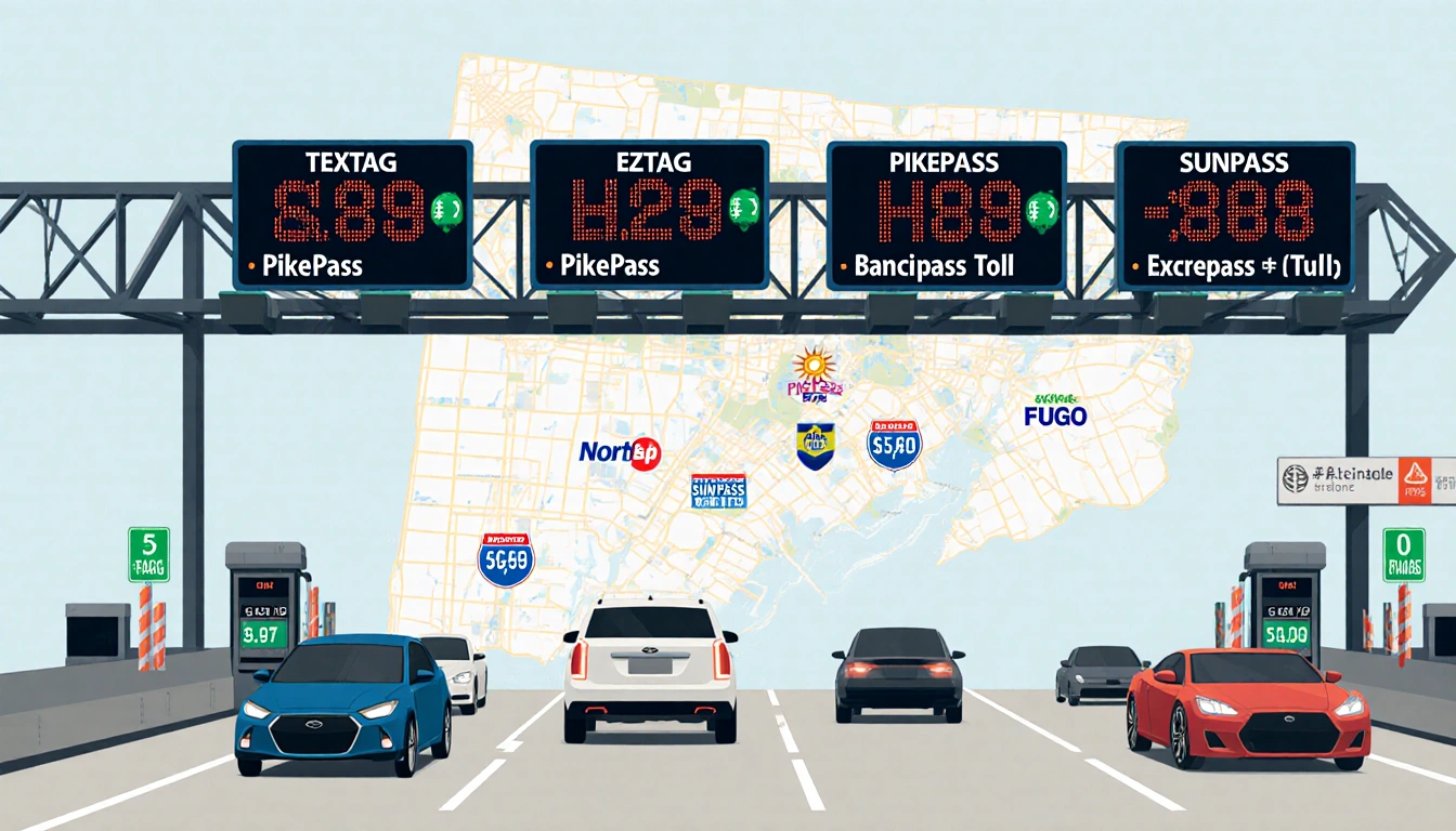 Highway toll booth processing payments with dynamic pricing signs above and cars showing electronic tags in the background