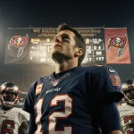 Tom Brady looks up at the scoreboard with golden stadium lights and Buccaneers logo behind him.