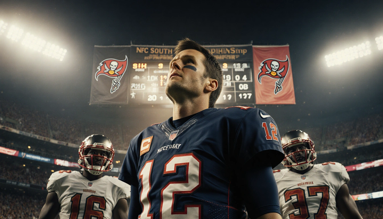 Tom Brady looks up at the scoreboard with golden stadium lights and Buccaneers logo behind him.