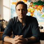 Tom Freston sits at a wooden desk with a global map behind him and books and artifacts in front looking determined.